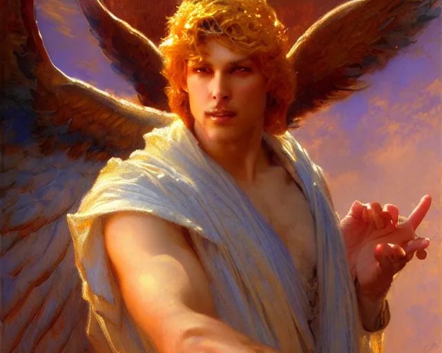 Image similar to attractive angel male deity, casting magic, summoning handsome lucifer morning star. highly detailed painting by gaston bussiere, craig mullins, j. c. leyendecker 8 k