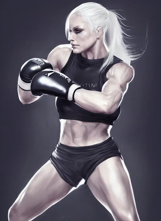 Image similar to a highly detailed illustration of fierce ponytail platinum blonde woman wearing black mma gear and gloves, dramatic boxing stance pose, fairly muscular, athletic, intricate, elegant, highly detailed, centered, digital painting, artstation, concept art, smooth, sharp focus, league of legends concept art, WLOP