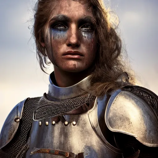 Prompt: head and shoulders portrait of a female knight, leather armor, dirty face, detailed face, photography by jimmy nelson, dramatic mountain background, golden hour, hq