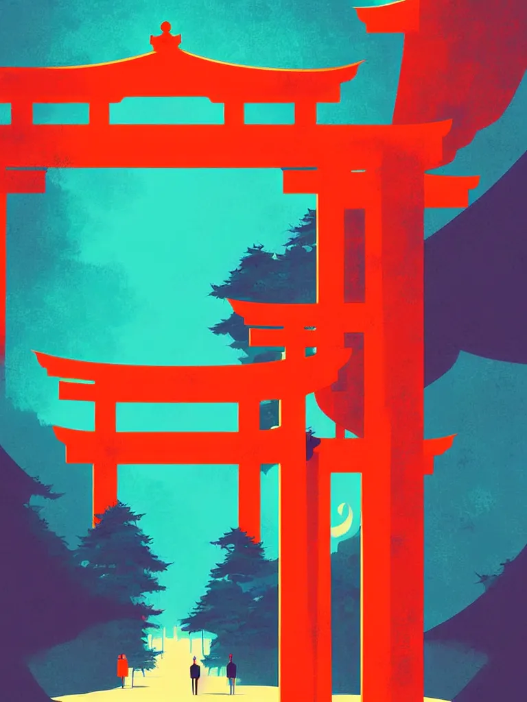 Prompt: a travel poster illustration depicting a japanese torii gate, vintage style, minimalist, digital painting, vector art, trending on artstration, by anton fadeev, by alena aenami