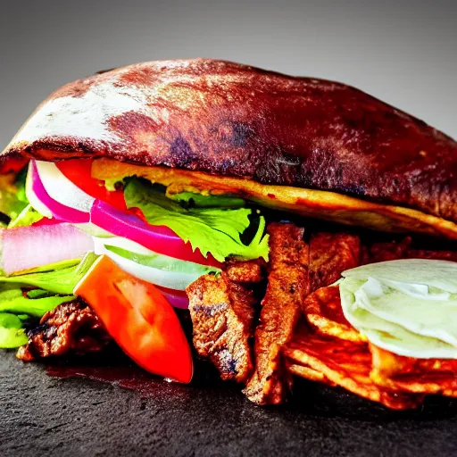 Image similar to award winning artistic picture of a doner kebab, 8 k, highly detailed