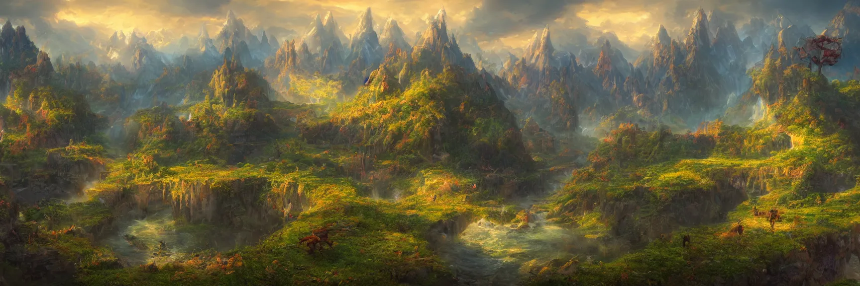 Image similar to a beautiful fantasy landscape painting of a naya panorama. magic the gathering land art by john avon and marc simonetti and Mark Keathley, trending on artstation hq 8k