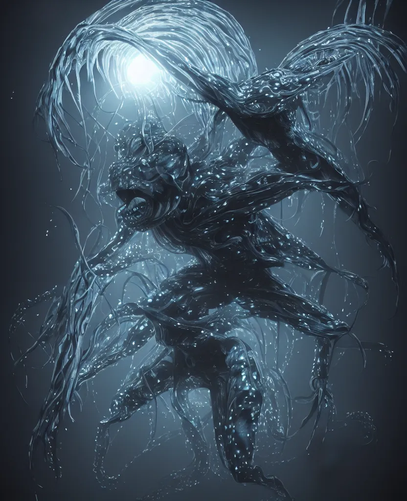 Prompt: Blake (The Fog - John Carpenter), epic angle and pose, symmetrical artwork, 3d with depth of field, blurred background, cybernetic jellyfish female face skull phoenix bird, translucent, nautilus, energy flows of water and fire. a highly detailed epic cinematic concept art CG render. made in Maya, Blender and Photoshop, octane render, excellent composition, cinematic dystopian brutalist atmosphere, dynamic dramatic cinematic lighting, aesthetic, very inspirational, arthouse. y Greg Rutkowski, Ilya Kuvshinov, WLOP, Stanley Artgerm Lau, Ruan Jia and Fenghua Zhong