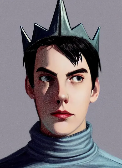 Image similar to portrait of teenage jughead jones wearing a light grey crown, crown, blue turtleneck, 1 9 5 0 s, closed eyes, photorealistic, black hair, glowing lighting, intricate, elegant, glowing lights, highly detailed, digital painting, artstation, concept art, smooth, sharp focus, illustration, art by wlop, mars ravelo and greg rutkowski