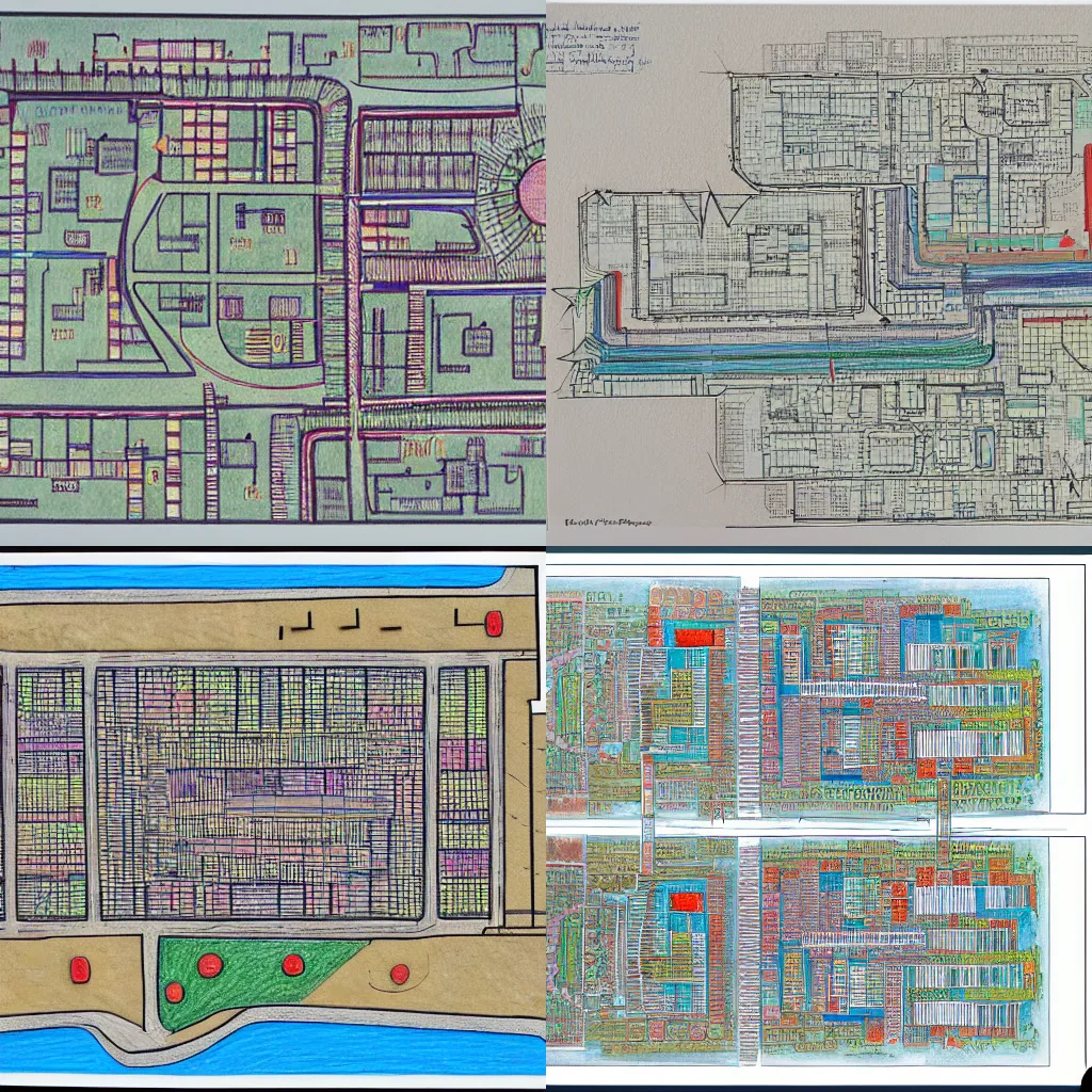 Prompt: city plan, hatching, flexible character code, acoustic information, repetition, complex classification system, building plans, scores, circuits, cartography, medium: colored pencil