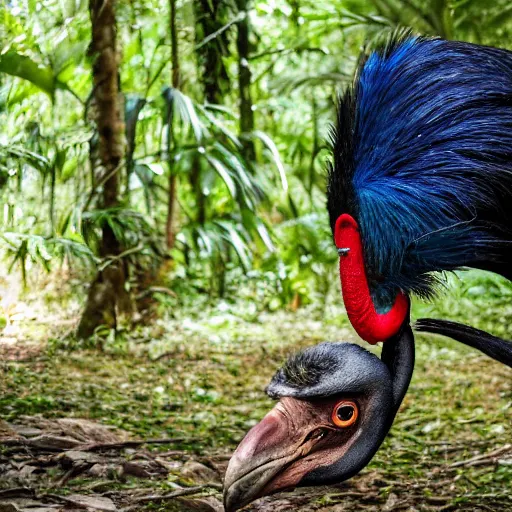 Prompt: angry middle aged lady standing over a defeated cassowary in the jungle, greek ethnicity, thin face structure, uncombed straight grey black hair, tribalism, photo, realistic, outdoor lighting, 4 k, 8 k, hd, 3 9 mm lens