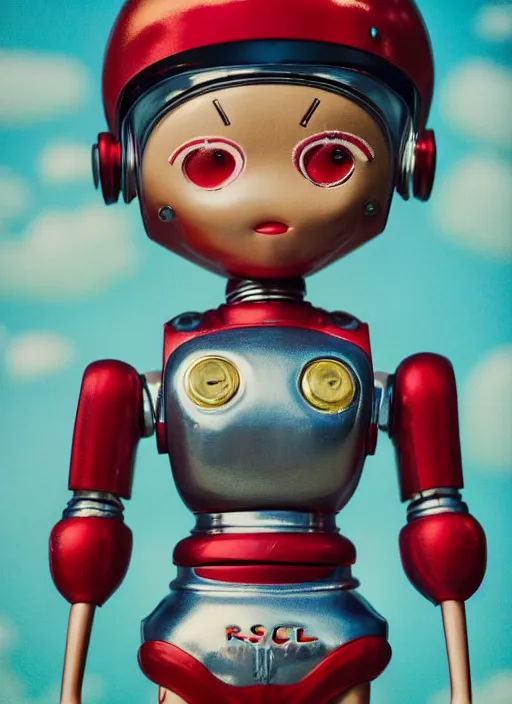 Image similar to highly detailed closeup, face profile portrait of a retro 1 9 5 0 s tin toy robot spacegirl wearing a bikini, unreal engine, nicoletta ceccoli, mark ryden, earl norem, lostfish, global illumination, detailed and intricate environment