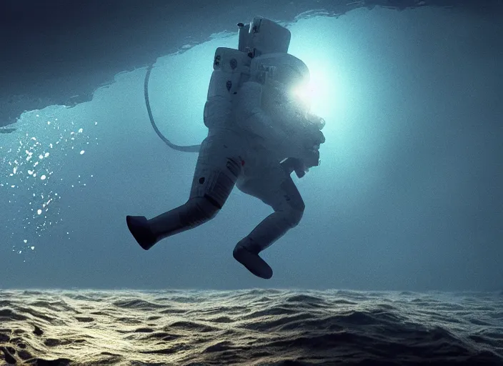 Image similar to astronaut underwater putting a flag in the sand of the bottom of the ocean. a submarine is visible in the distance. dark, concept art, cinematic, dramatic, atmospheric, 8 k, trending on artstation, low visibility, fog, ocean floor, christopher nolan, interstellar