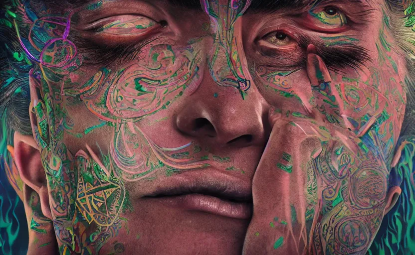 Image similar to hyperrealistic hyper detailed neo-surreal close-up 35mm portrait of levitating psychedelic shaman covered in geometric tattoos rococo matte painting concept art high saturation very dramatic lighting low angle hd 8k sharp shallow depth of field