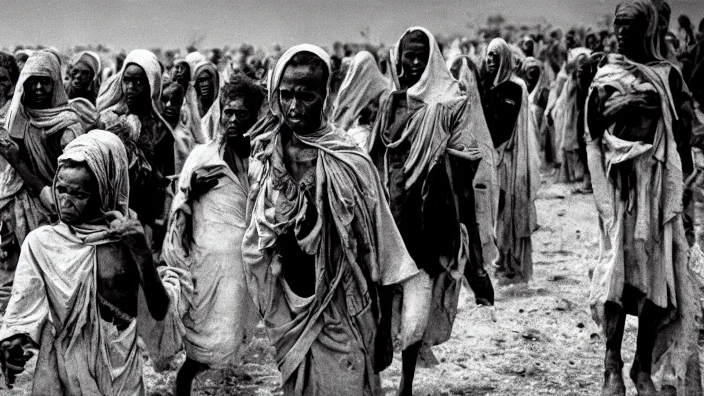 Image similar to 1984 Ethiopian biblical famine and drought, moody, dark, movie scene, hd, 4k, wide shot