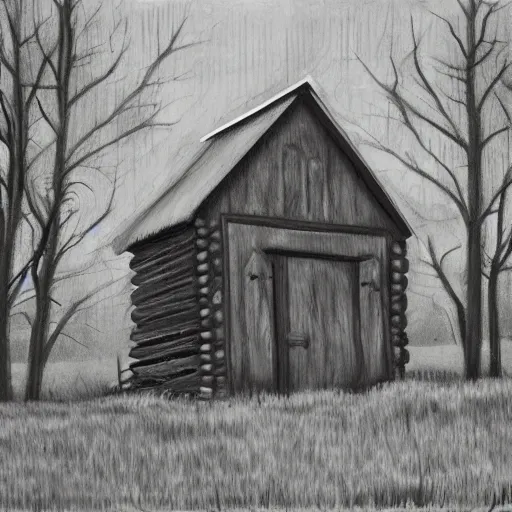 Image similar to a painting of a eerie cabin in the middle of the woods in the style of a charcoal sketch