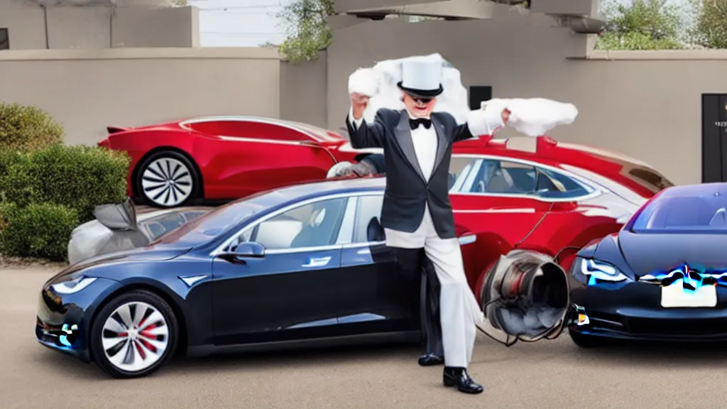 Prompt: rich uncle pennybags driving a tesla