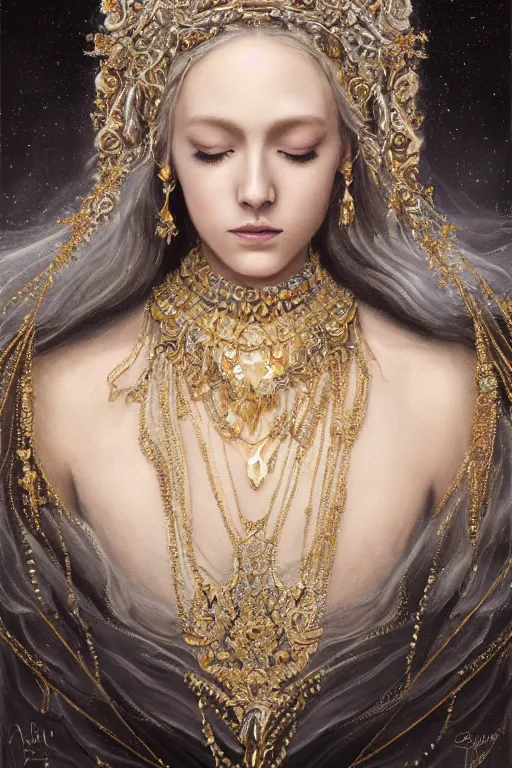 Image similar to full - body - portrait of a beautiful stunning peaceful majestic ice queen wearing intricate jewelry, oil on canvas, baroque style, perfect symmetrical face, mood lighting, ornate and elegant, winter, philosophical, dreamlike, ethereal, painterly, 🌚, digital art, detailed, trending on artstation