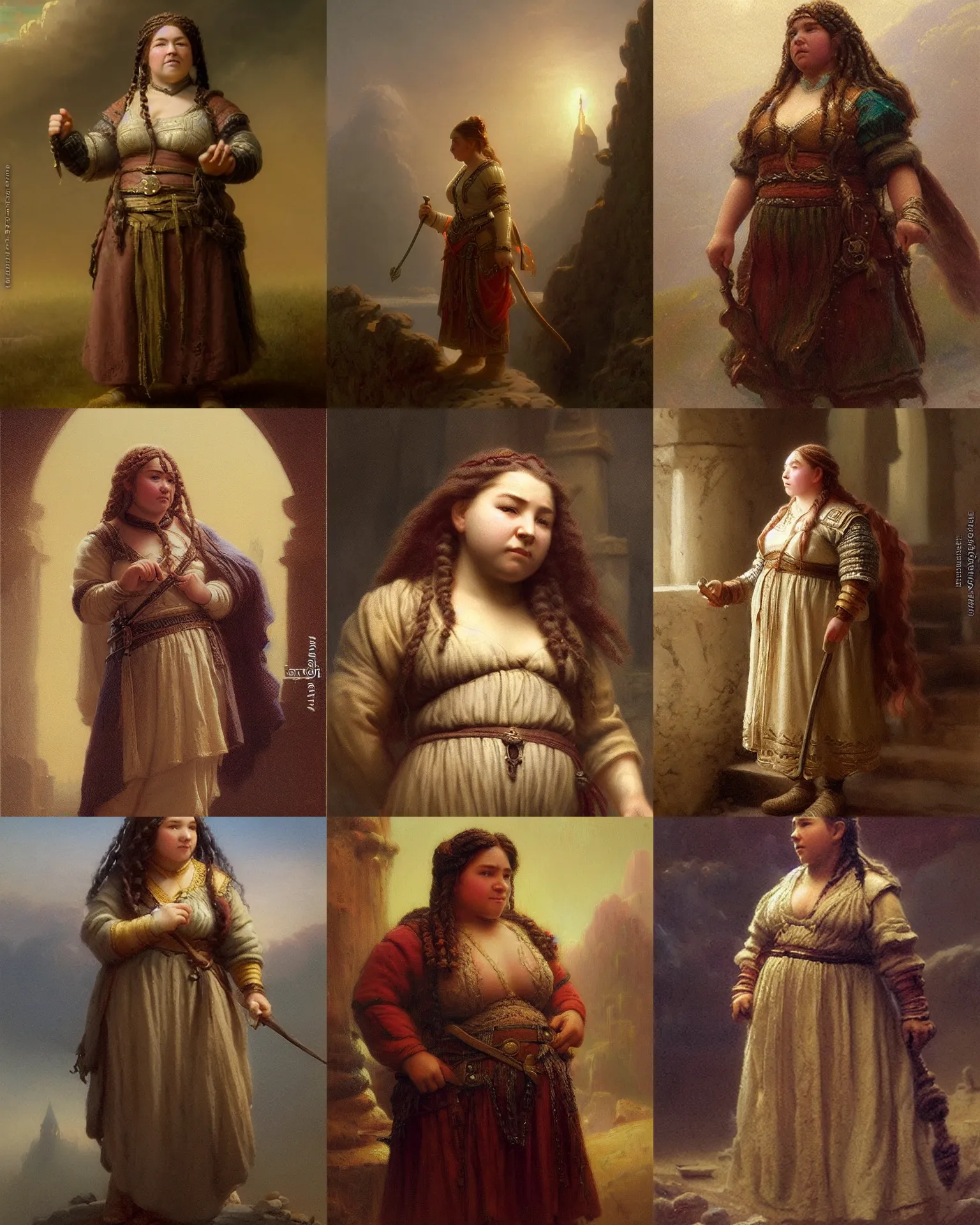 Prompt: female dwarven noblewoman, chubby short stature, braided intricate hair, by ivan aivazovski