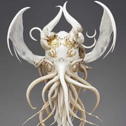 Prompt: symmetrical, angelarium, illithid, cthulhu, white with gold accents, sculpture by ellen jewett