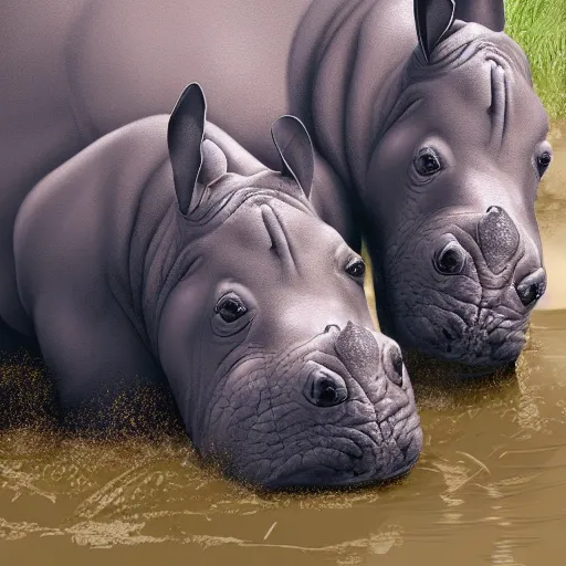 Image similar to animal friends baby hippo and baby rhino playing together in the mud detailed painting 4k in the style of mark brooks