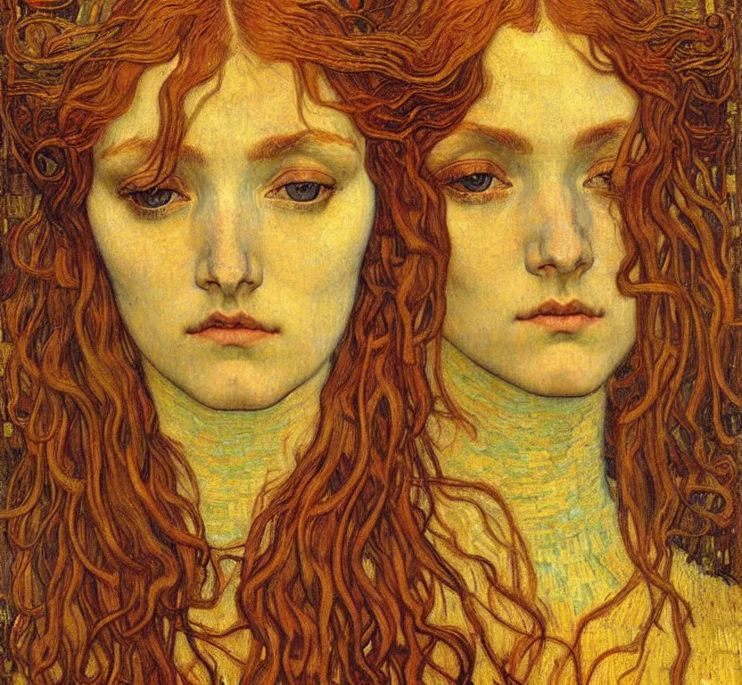 Image similar to detailed realistic beautiful young medieval queen face portrait by jean delville, gustav klimt and vincent van gogh, art nouveau, symbolist, visionary, gothic, pre - raphaelite, muted earthy colors, desaturated