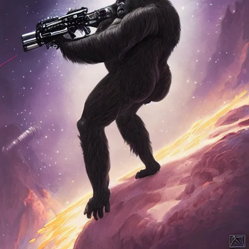 Image similar to detailed science - fiction character portrait of a silverback gorilla shooting a alien gun in space, intricate, wild, highly detailed, digital painting, artstation, concept art, smooth, sharp focus, illustration, art by artgerm and greg rutkowski and alphonse mucha