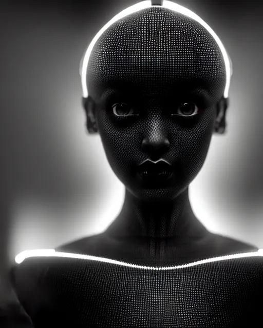 Image similar to black and white high quality photo of a female AI-queen-dragon-meshes-cyborg-doll looking into a sci-fi mirror, volumetric lighting, brutalism, foggy, dreamy, hyperdetailed, bokeh, photorealistic, cinematic, masterpiece, elegant, dark, in the style of Man Ray, octane render, 8K,