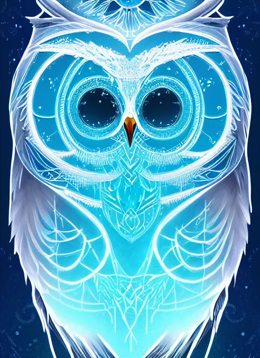 Image similar to symmetry!! product render poster vivid colors divine proportion owl, ice and snow, glowing fog intricate, elegant, highly detailed, digital painting, artstation, concept art, smooth, sharp focus, illustration,