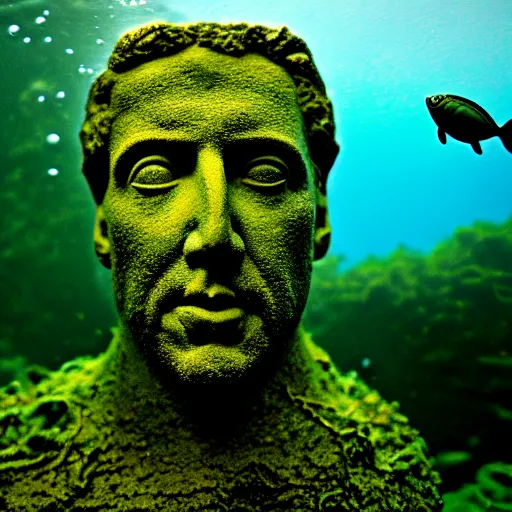 Image similar to Nicolas Cage underwater mossy old statue, ruins, photo, dark, kelp and moss all over, bottom of ocean, deep ocean, bottom of ocean, dark, 35mm, fish, underwater landscape, 4k, detailed, photorealistic, photo, Atlantis, underwater camera, fish, fish, fish