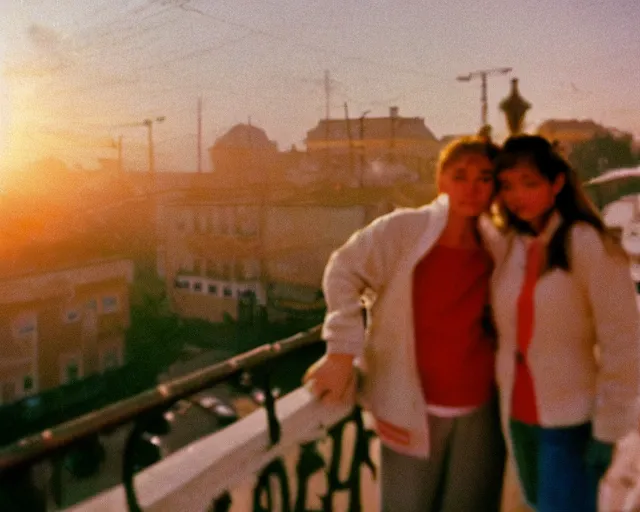 Image similar to lomo photo of pair standing on small hrushevka balcony full with cigarette smoke in small russian town looking at sunset, cinestill, bokeh