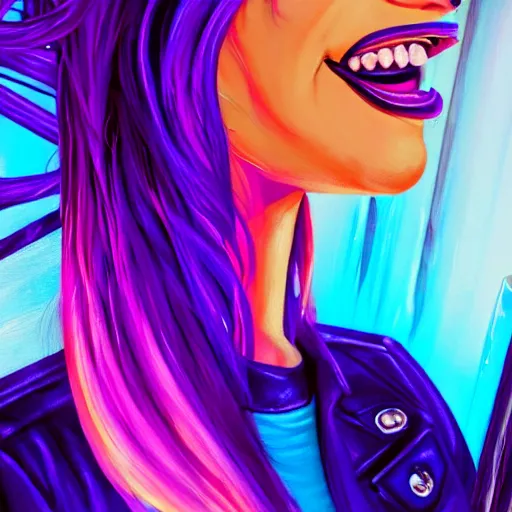Prompt: closeup painting of a very beautiful young mexican cyberpunk woman with a smile, light blue neon shutter sunglasses on her face, and a purple coloured leather jacket, one side haircut, long brown hair with light blue ends, portrait, sci - fi, hyperdetailed, cgsociety, synthwave by tangerine dream, by jean - michel jarre, by vangelis, by john carpenter