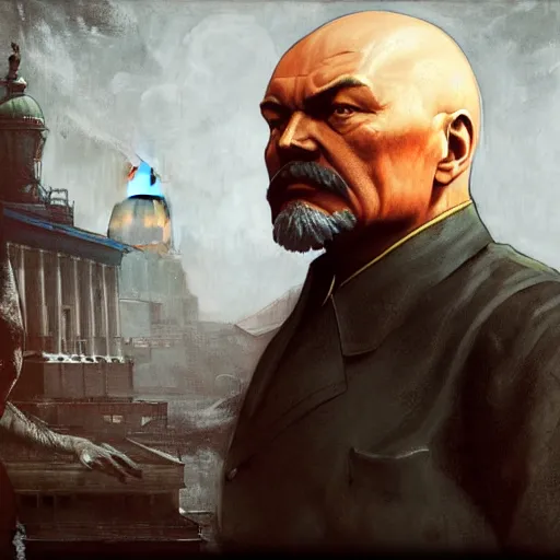 Prompt: lenin in mortal kombat mk 1 1 video game splash screen concept art very very detailed by hans dragan bibin thoma greg rutkowski ismail inceoglu