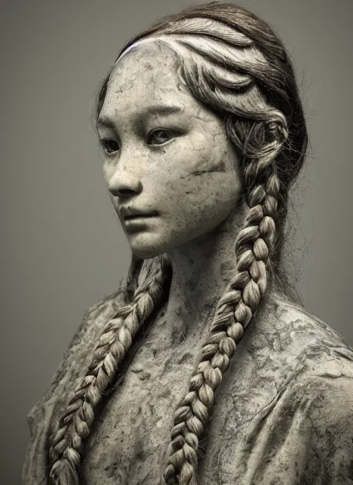 Prompt: a marble statue masterpiece of a daughter of the moon clan, with long, black, braided hair. nightime, low light, dark forest. strong, dabbled light falls on her face. closeup photography. macro detailed oily skin. highly detailed, sharpness. victorian dress. hyper realistic.