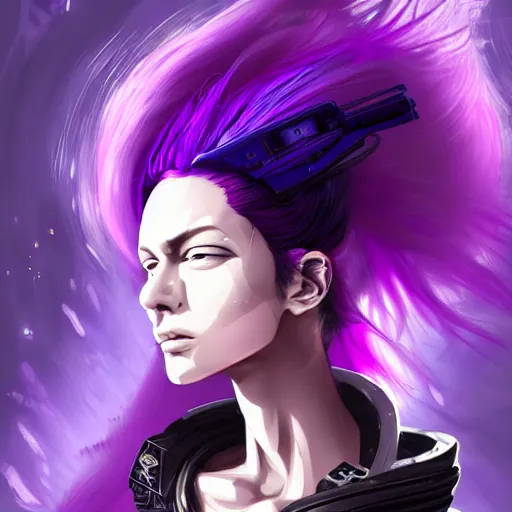 Image similar to A cyberpunk space pirate girl with purple hair warping time and space, trading illegal goods, magic mushrooms, psilocybin, LSD, face, space helmet, futuristic, detailed, intricate, elegant, highly detailed, digital painting, artstation, concept art, smooth, sharp focus, akira style illustration, art by Krenz Cushart and Artem Demura and Alphonse Mucha