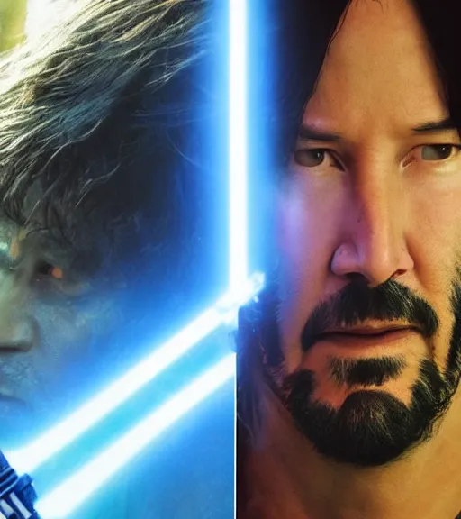 Image similar to keanu reeves as a jedi master with a blue lightsaber fighting a sith lord in an ancient bioluminescent forest, perfect symmetrical face, full moon, moody lighting, 8 k, shallow depth of field, intricate detail,