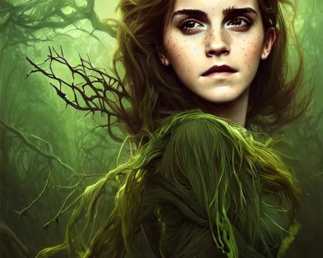 Image similar to mindblowing portrait of emma watson as a swamp witch, green colored skin!!, deep focus, d & d, fantasy, intricate, elegant, highly detailed, digital painting, artstation, concept art, matte, sharp, illustration, hearthstone, art by artgerm and greg rutkowski and alphonse mucha