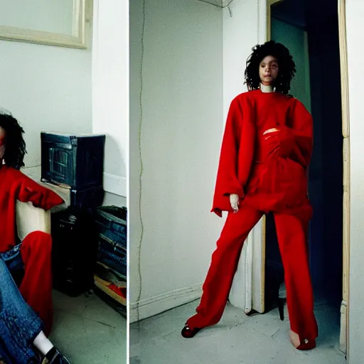 Image similar to realistic! photoshoot for a new vetements lookbook, color film photography, portrait of a beautiful woman, location in a apartment, in style of tyler mitchell, 35mm