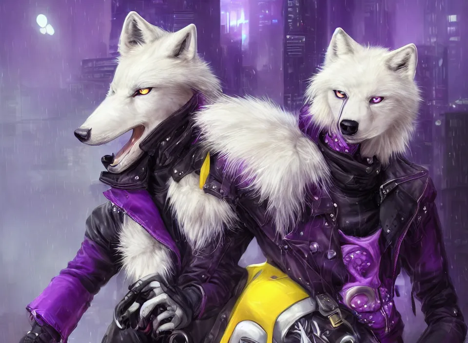 Image similar to award winning beautiful portrait commission of a male furry anthro albino wolf fursona with a tail and a cute beautiful attractive detailed furry face wearing stylish black, purple and yellow cyberpunk biker clothes riding a cybertech motorcycle in a cyberpunk city at night while it rains. Character design by charlie bowater, ross tran, artgerm, and makoto shinkai, detailed, inked, western comic book art