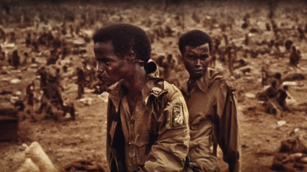 Image similar to 1984 Ethiopian civil war and Red Terror, moody, dark, movie scene, hd, 4k, wide shot