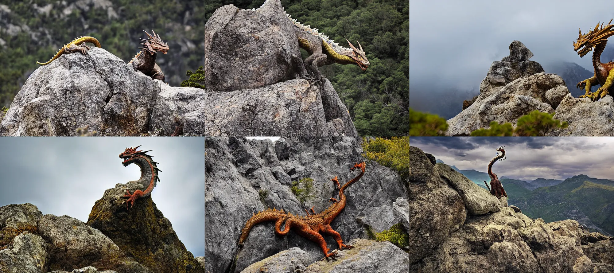 Prompt: A dragon perching on a rocky outcrop, wide shot photograph, Nature Magazine