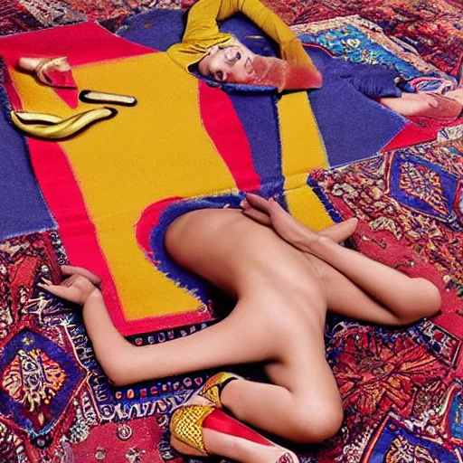 Image similar to a beautiful fashion model laying on a colorful ( ( ( persian rug ) ) ), ( ( ( ( ( wearing a lot of different colorful ties on her body ) ) ) ) )!!!!!. surreal photograph, toiletpaper magazine, top shot, 3 5 mm photograph, colourful, by pierpaolo ferrari, maurizio cattelan