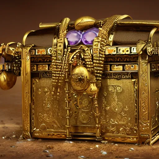 Image similar to A Dwemer chest filled with jewels and golden artefacts, 4k, hdri, museum quality photo