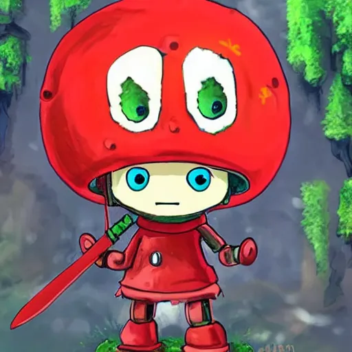 Prompt: cute little robot with tomato hat and a shive sword, made in abyss style, standing on a forest