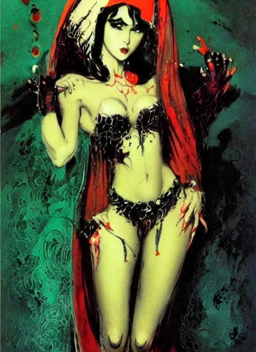 Image similar to svelt iranian korean vampiress, jeweled veil, strong line, saturated color, beautiful! coherent! by frank frazetta, high contrast, minimalism