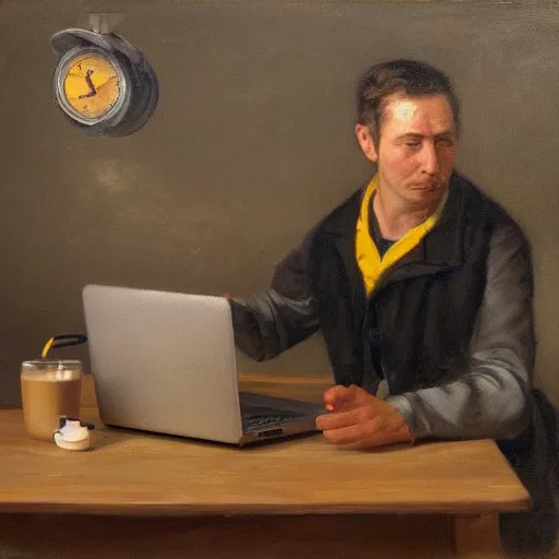 Prompt: tired man in a bumblebee costume drinks coffee in front of a laptop, highly detailed, masterpiece, alla prima, oil on canvas