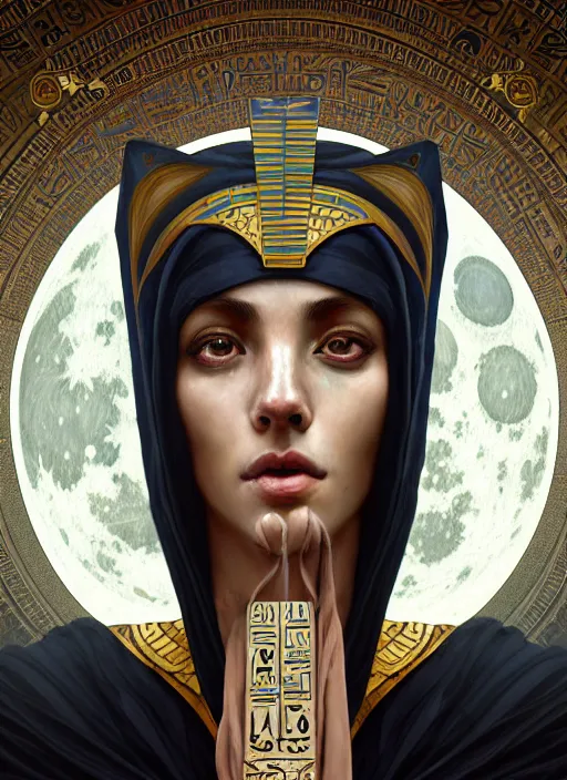 Image similar to close up portrait of noble khonsu under moonlight, egyptian symbolism, white eyes no pupils, hooded african man wrapped in linen by artgerm, cushart krenz, greg rutkowski, mucha. art nouveau. gloomhaven, swirly lunar ripples, pale colors, soft edges. ultra clear detailed. 8 k. elegant, intricate, octane render