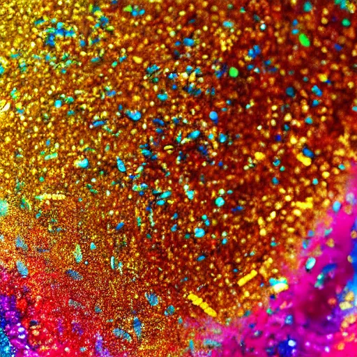 Image similar to a wet swirling mixture of gold paint and very colorful colored pigment particles glitter suspended in a turbulent liquid, captured in slow motion, crystal clear focus, macro photography lens closeup, slow-motion pour, dumpedpaint glittery, shimmering, speculars