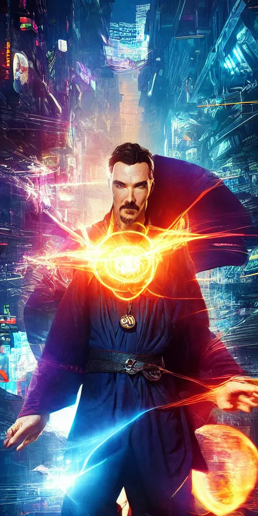 Image similar to cyberpunk, dr strange, photograph, cinematic,