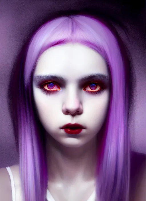 Prompt: hair blackbangs hair, white hair, blackbangs, portrait of teenage girl with white hair, red irises, purple clothes, black bangs, bangs are different color from hair, intricate, elegant, glowing lights, highly detailed, digital painting, artstation, concept art, smooth, sharp focus, illustration, art by wlop, mars ravelo and greg rutkowski