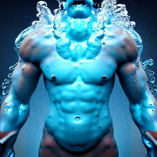 Prompt: a masculine and ripped water elemental, digital art, 3d render, cycles, raytracing, trending on turbosquid