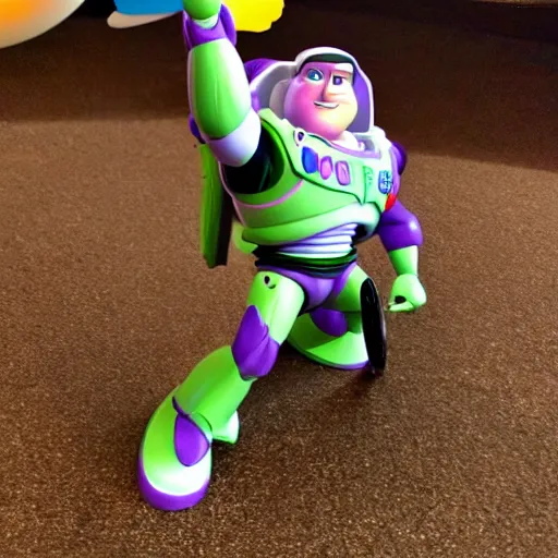 Image similar to buzz lightyear, riding a velociraptor who is shooting a laser of rabbits out of its mouth
