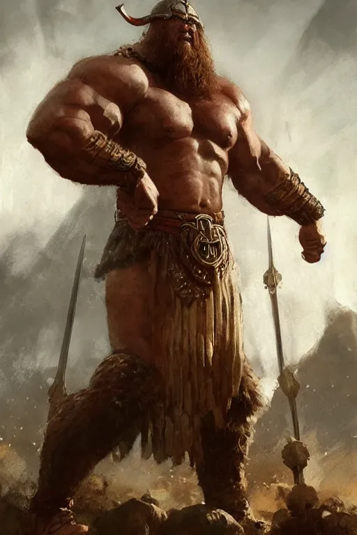 Prompt: giant bodybuilding viking warrior king by ruan jia, jack kirby, norman rockwell, wayne barlow, sergey krasovskiy, zdzislaw beksinski, artstation creature