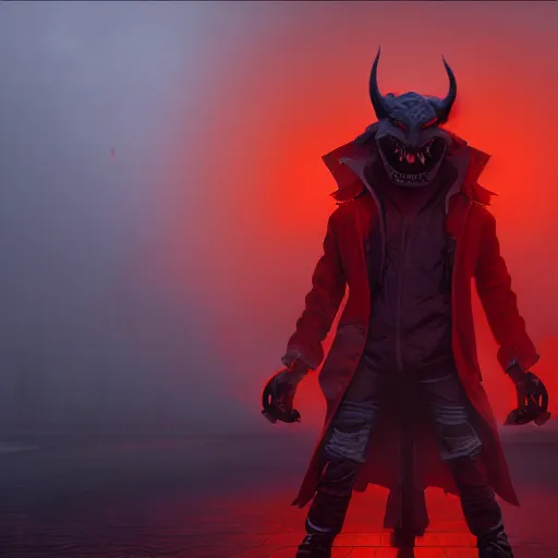 Prompt: villain wearing a red oni mask, orange jacket, dark background, unreal engine 5, ultra realistic, detailed, fog, volumetric lighting, by greg rutkowski,