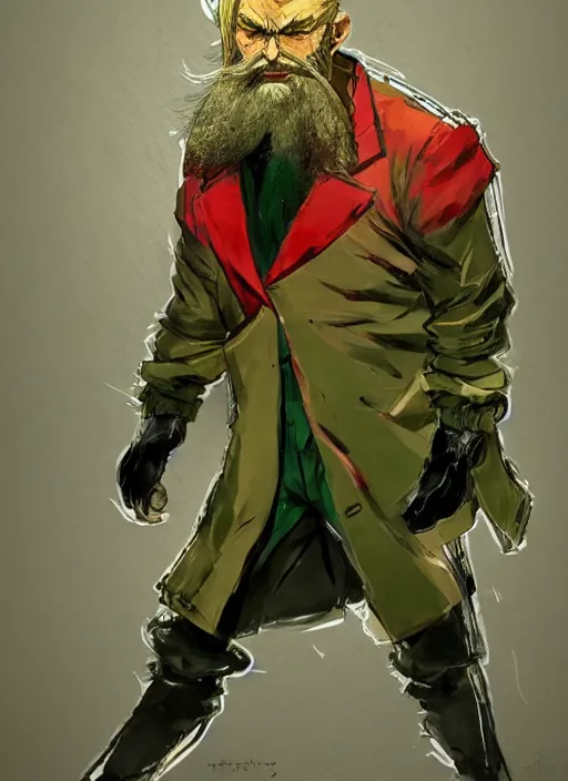 Image similar to Full body portrait of an old muscular man with blonde hair and beard red, green and gold jacket. In style of Yoji Shinkawa and Hyung-tae Kim, trending on ArtStation, dark fantasy, great composition, concept art, highly detailed.